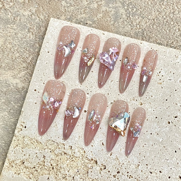 Qfdian 10pcs detachable gradient pink French rhinestones long almond press on nails handmade acrylic stiletto fake nails tips